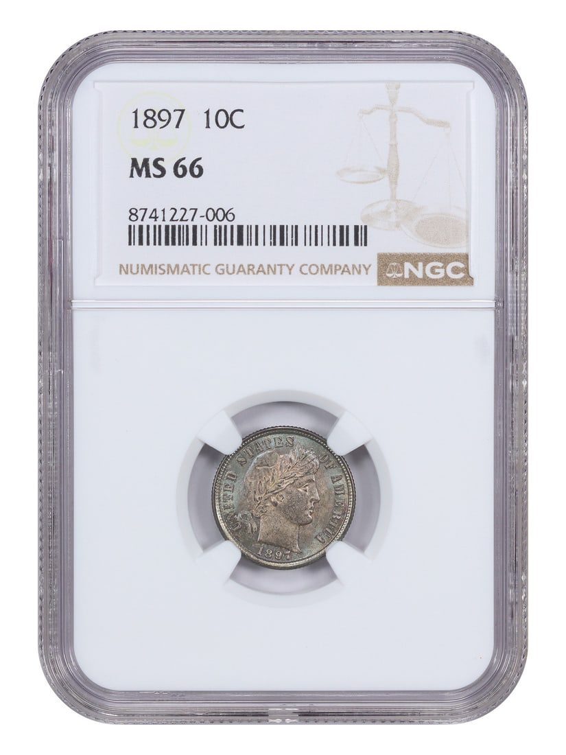 1897 Barber Dime 10C NGC MS66 Philadelphia Mint Uncirculated: 1897 Barber Dime 10C NGC MS66 Philadelphia Mint Uncirculated This 1897 Barber Dime is graded MS66 by NGC and features a striking combination of deep blue and green hues, with the reverse displaying si