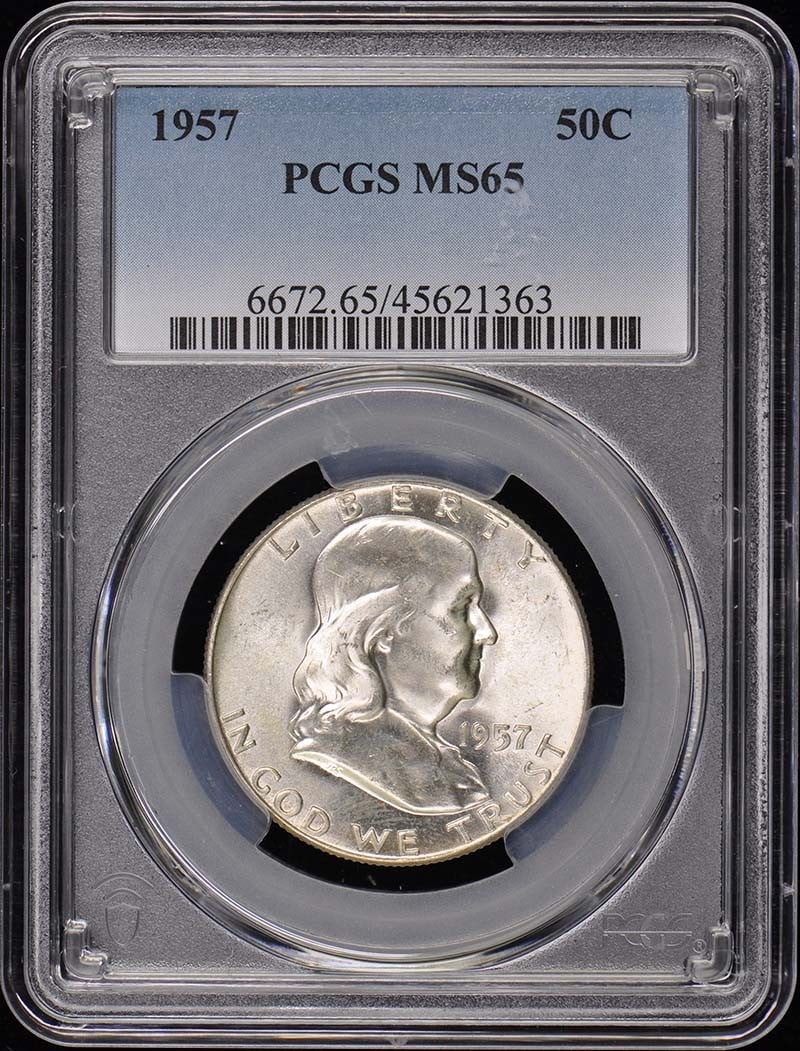 PCGS MS65 1957 Franklin Half Dollar Philadelphia Mint Certified: PCGS MS65 1957 Franklin Half Dollar Philadelphia Mint Certified This is a 1957 Franklin Half Dollar graded MS65 by PCGS. The coin is uncirculated and was struck at the Philadelphia Mint. It features t