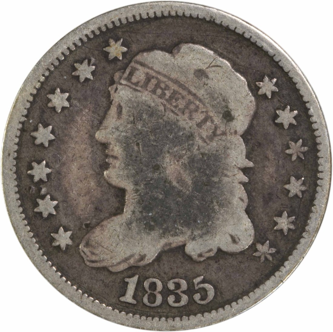 1835 Capped Bust Half Dime G Uncertified 89.2% Silver Coin: 1835 Capped Bust Half Dime G Uncertified 89.2% Silver Coin This 1835 Bust Silver Half Dime features the iconic Capped Bust design by William Kneass and is a notable addition for collectors. Minted in 
