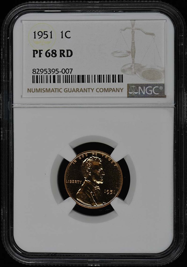 1951 NGC PR68RD Wheat Lincoln Cent Proof Coin: 1951 NGC PR68RD Wheat Lincoln Cent Proof Coin This 1951 Wheat Reverse Lincoln Cent is a stunning example of numismatic artistry, graded PR68RD by NGC. It features a brilliant uncirculated finish, show