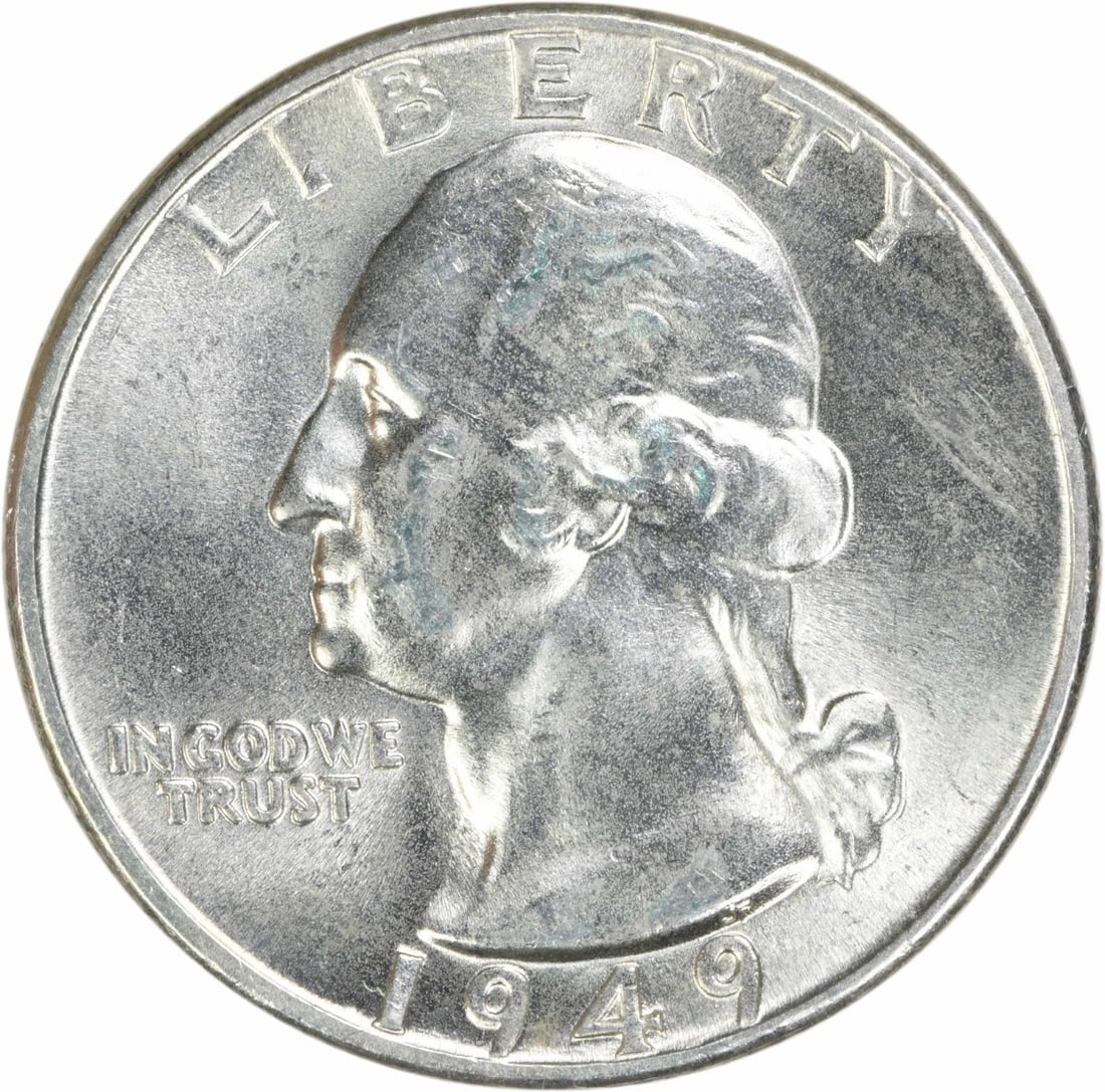 1949 Silver 25C Washington Quarter Choice BU Plus Uncertified: 1949 Silver 25C Washington Quarter Choice BU Plus Uncertified This 1949 Washington Quarter is composed of silver and remains uncertified. It is in uncirculated condition with a Choice BU+ grade, makin