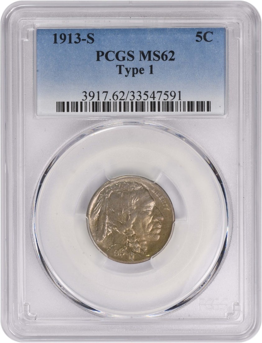 PCGS MS62 1913 S United States Buffalo Nickel Type 1 Uncirculated Coin: PCGS MS62 1913 S United States Buffalo Nickel Type 1 Uncirculated Coin This 1913-S Buffalo Nickel Type 1 is graded MS62 by PCGS and features a classic design from the United States Mint. Composed of n