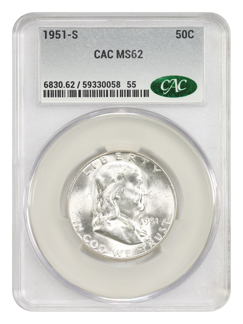 1951 San Francisco Franklin Half Dollar CACG MS62 Certified: 1951 San Francisco Franklin Half Dollar CACG MS62 Certified This is a 1951-S Franklin Half Dollar graded MS62 by CACG. Struck at the San Francisco Mint, this uncirculated coin is a part of the renowne
