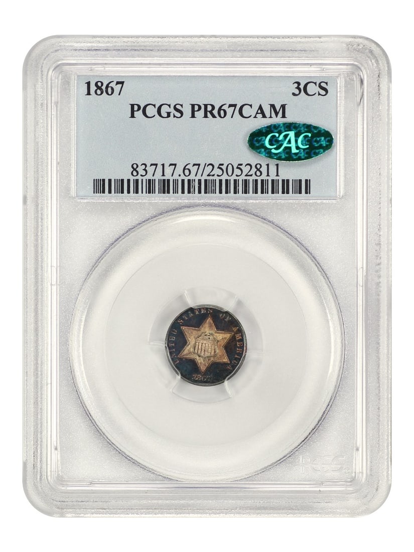 1867 Three Cent Silver PCGS CAC PR67CAM Low Mintage Proof: 1867 Three Cent Silver PCGS CAC PR67CAM Low Mintage Proof This exquisite 1867 Three Cent Silver coin is certified by PCGS and boasts a remarkable grade of PR67CAM. With a low mintage of only 625 coins