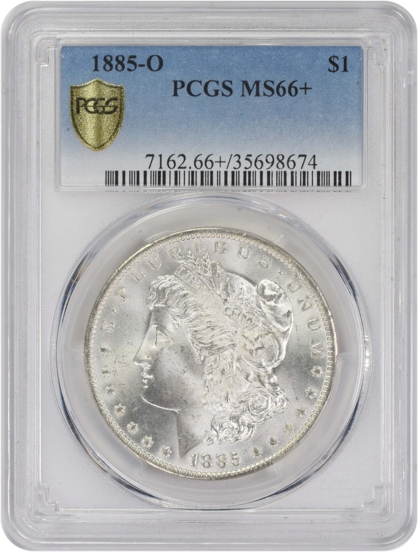 1885-O Morgan Silver Dollar MS66+ PCGS Uncirculated Coin: 1885-O Morgan Silver Dollar MS66+ PCGS Uncirculated Coin This stunning 1885-O Morgan Silver Dollar is graded MS66+ by PCGS, showcasing its exceptional quality and detail. Minted in New Orleans, this u