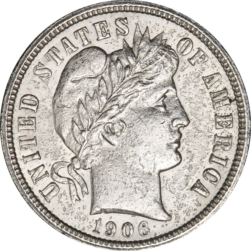 1906 Philadelphia Silver Dime Barber Series United States Coin: 1906 Philadelphia Silver Dime Barber Series United States Coin This 1906-P Barber Dime is a circulated, pre-owned coin from the United States. Minted in Philadelphia in 1906, it is composed of silver 