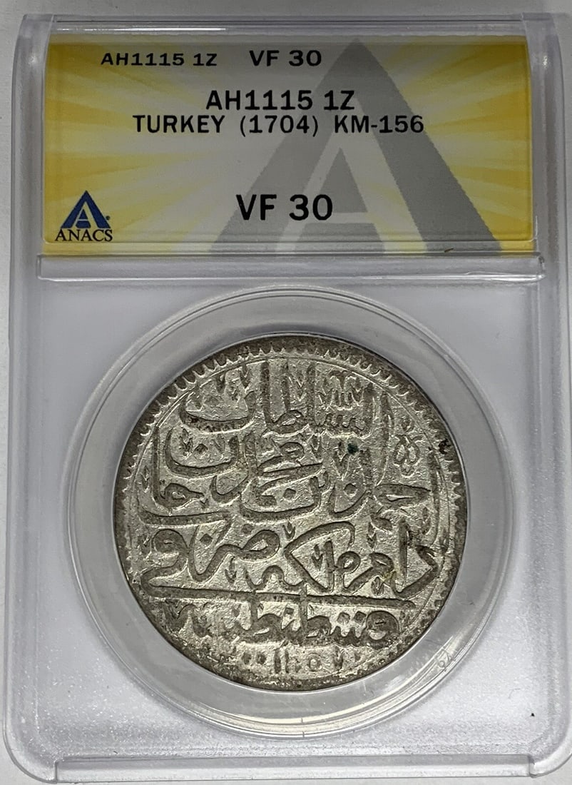 1704 Turkey 1 Z ANACS VF 30 Certified Coin AH 1115 KM-156: 1704 Turkey 1 Z ANACS VF 30 Certified Coin AH 1115 KM-156 This is a 1704 Turkey 1 Z coin, certified by ANACS with a grade of VF 30. The coin is a pre-owned collectible, originating from Turkey, and is