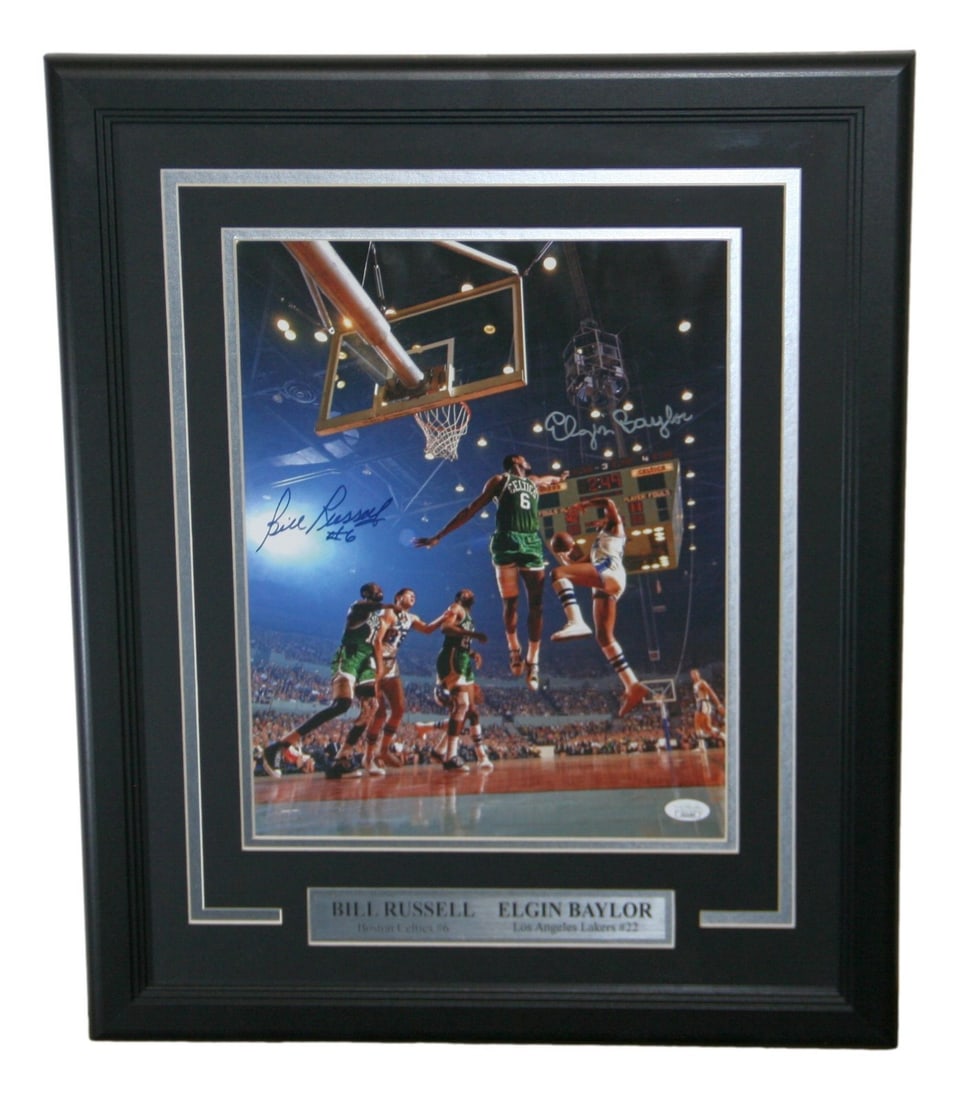 Elgin Baylor Autographed Framed 11x14 Basketball Photo JSA Authenticated: Elgin Baylor Autographed Framed 11x14 Basketball Photo JSA Authenticated This framed 11x14 photo features basketball legend Bill Russell and has been signed by Elgin Baylor. The autograph is authentic