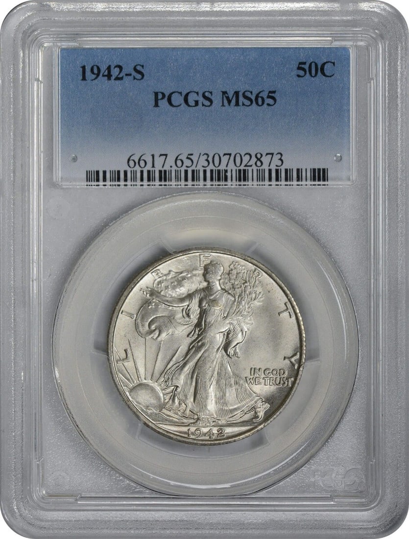 1942-S Walking Liberty Half Dollar MS65 PCGS 90% Silver: 1942-S Walking Liberty Half Dollar MS65 PCGS 90% Silver This stunning 1942-S Walking Liberty Half Dollar is graded MS65 by PCGS, ensuring its exceptional quality and preservation. Minted in San Franci