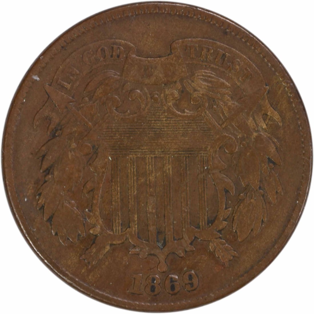 1869 Uncertified Two Cent Piece VF Bronze Coin: 1869 Uncertified Two Cent Piece VF Bronze Coin This 1869 Two Cent Piece is a remarkable piece of American numismatic history. Struck in bronze at the Philadelphia Mint, it features the design of renow