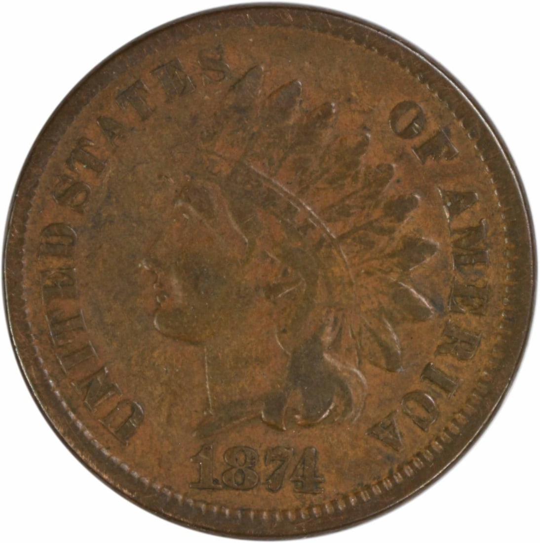 1874 Indian Head Small Cent VF Grade Philadelphia Uncertified: 1874 Indian Head Small Cent VF Grade Philadelphia Uncertified This 1874 Indian Head Cent is a circulated coin from the Philadelphia Mint. Designed by James Barton Longacre, it is composed of 95% coppe