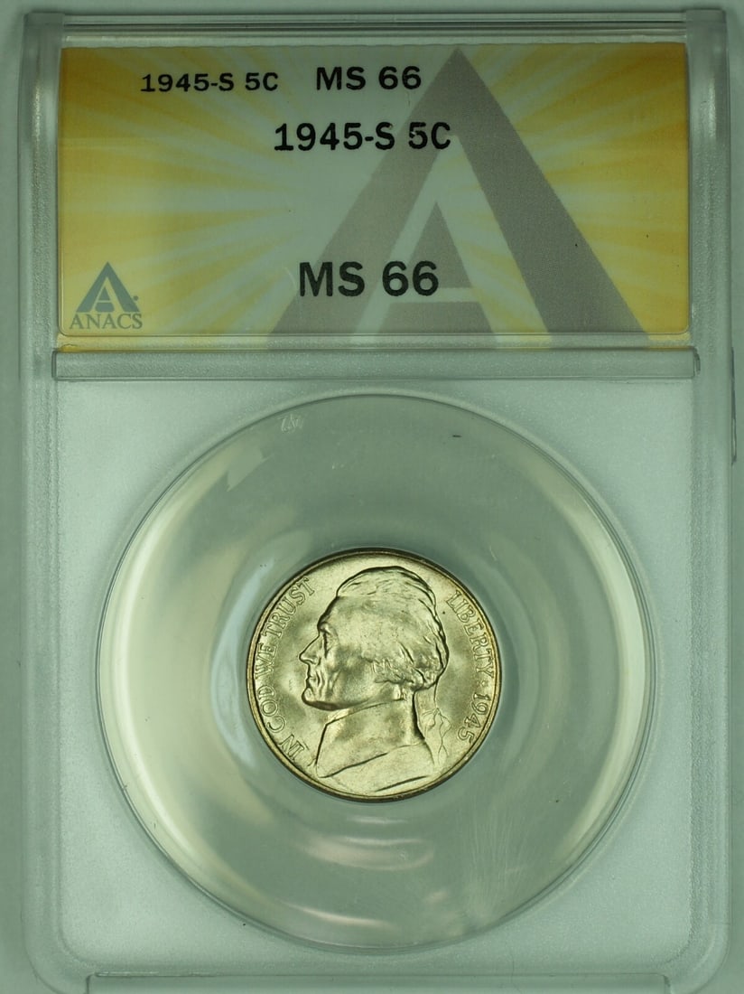 ANACS MS 66 1945-S Silver 5C Jefferson Nickel United States: ANACS MS 66 1945-S Silver 5C Jefferson Nickel United States This is a 1945-S Jefferson Silver Nickel with a denomination of 5 cents, certified by ANACS and graded MS 66. The coin is uncirculated and c