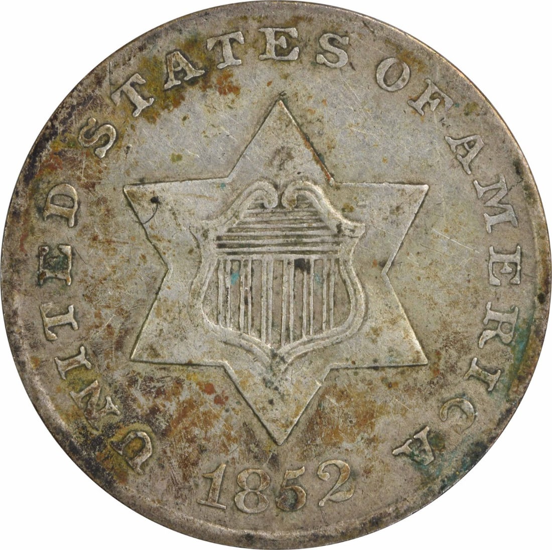 1852 Three Cent Silver Coin United States VF Uncertified: 1852 Three Cent Silver Coin United States VF Uncertified This 1852 Three Cent Silver coin features a design by James Barton Longacre and was minted in Philadelphia. It is classified as Very Fine (VF) 