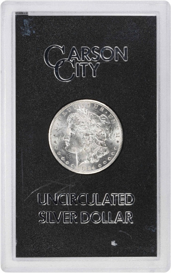 1884 CC Morgan Silver Dollar Uncirculated GSA Packaging #222: 1884 CC Morgan Silver Dollar Uncirculated GSA Packaging #222 This stunning 1884-CC Morgan Silver Dollar is presented in a Brilliant Uncirculated condition and housed in a GSA Holder Hard Pack. The coi