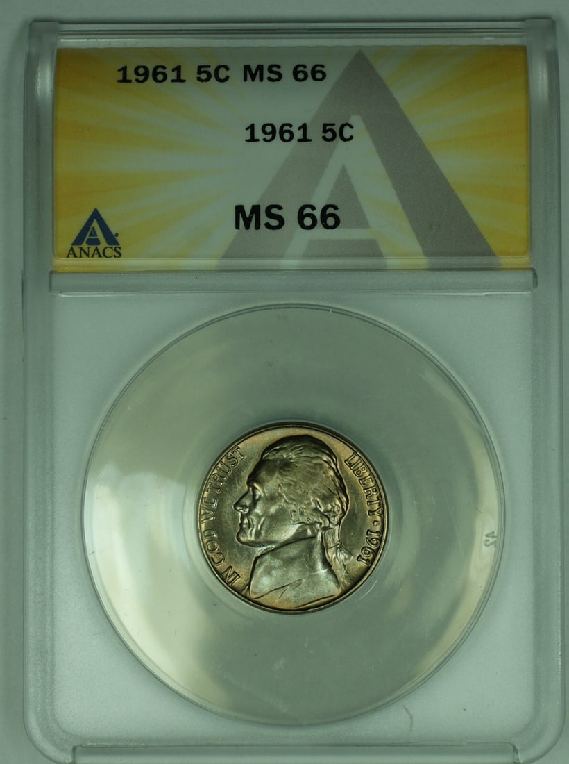 1961 Jefferson Nickel 5C ANACS MS 66 Uncirculated Coin: 1961 Jefferson Nickel 5C ANACS MS 66 Uncirculated Coin This 1961 Jefferson Nickel is a remarkable piece of numismatic history, graded MS 66 by ANACS. It features the iconic Jefferson design and is an 