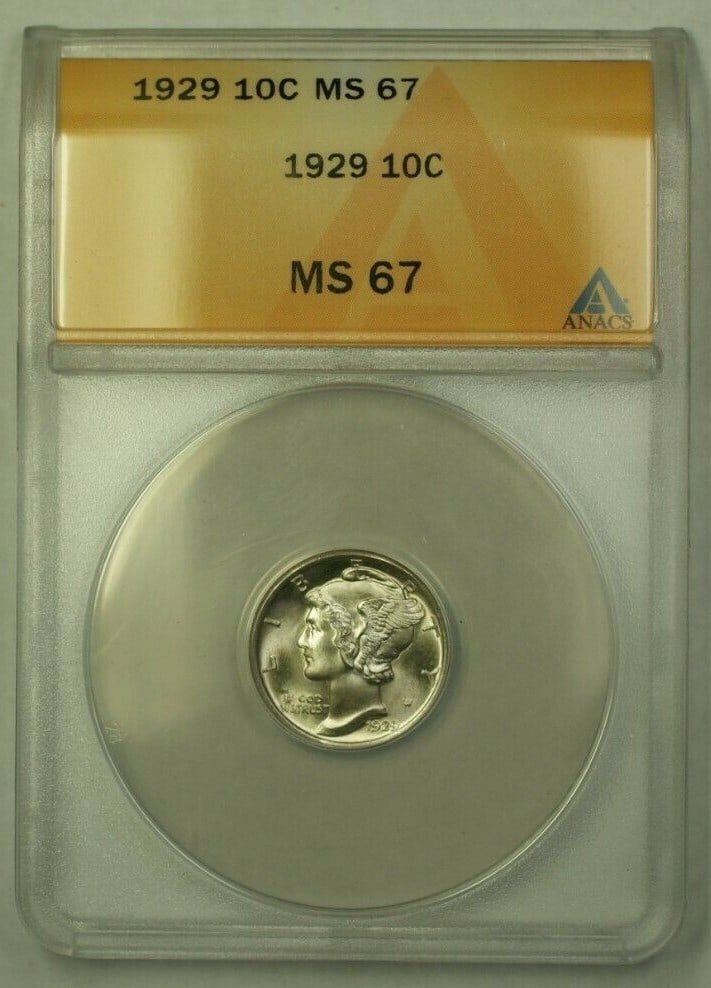 1929 Mercury Dime Silver 10C ANACS MS-67 Uncirculated Philadelphia: 1929 Mercury Dime Silver 10C ANACS MS-67 Uncirculated Philadelphia This is a 1929 Mercury Dime, graded MS-67 by ANACS. Struck at the Philadelphia Mint, this uncirculated coin features a silver composi