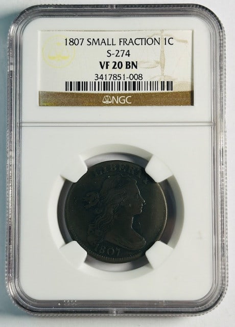 1807 Draped Bust Large Cent Copper Coin NGC VF 20 S-274: 1807 Draped Bust Large Cent Copper Coin NGC VF 20 S-274 This 1807 Draped Bust Large Cent is certified by NGC with a grade of VF 20 BN (Very Fine 20, Brown). Struck in copper, this circulated coin is a
