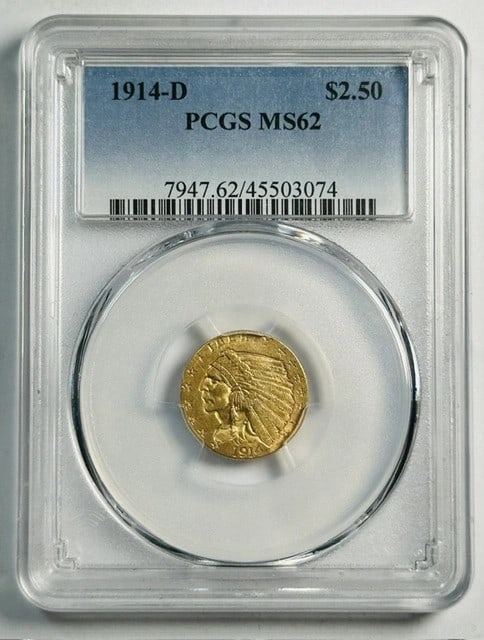 1914 Denver Indian Head $2.5 Gold Coin PCGS MS62 Key Date: 1914 Denver Indian Head $2.5 Gold Coin PCGS MS62 Key Date This 1914 D Gold Quarter Eagle $2.5 Indian Head coin is certified by PCGS with a grade of MS 62. Minted in Denver and composed of gold, this u