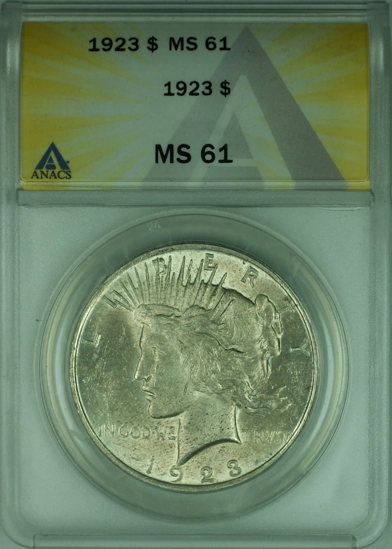 ANACS MS61 1923 Peace Dollar Uncirculated Silver Coin United States: ANACS MS61 1923 Peace Dollar Uncirculated Silver Coin United States This is a 1923 Peace Silver Dollar $1 coin, certified by ANACS with a grade of MS-61. The coin is uncirculated and was minted in Phi