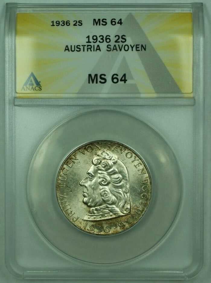 1936 Austrian 2 Schilling Silver Coin ANACS MS 64 Savoyen Light Toning: 1936 Austrian 2 Schilling Silver Coin ANACS MS 64 Savoyen Light Toning This 1936 Austria Savoyen 2 Schilling coin is composed of silver and has been certified by ANACS with a grade of MS 64. The coin 
