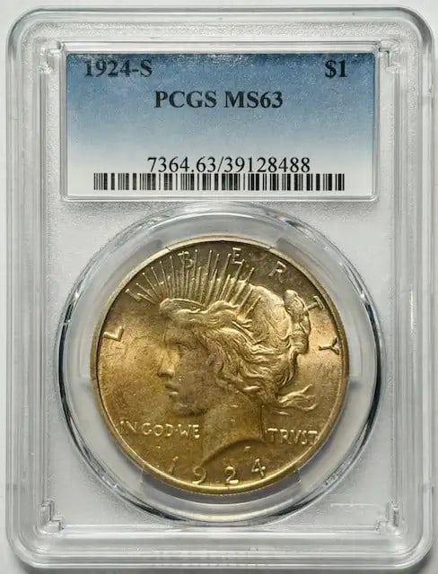 San Francisco Mint 1924 Silver Peace Dollar PCGS Graded MS63: San Francisco Mint 1924 Silver Peace Dollar PCGS Graded MS63 This is a 1924 S Peace Dollar, certified by PCGS with a grade of MS 63. The coin is composed of silver and was minted in San Francisco. It 