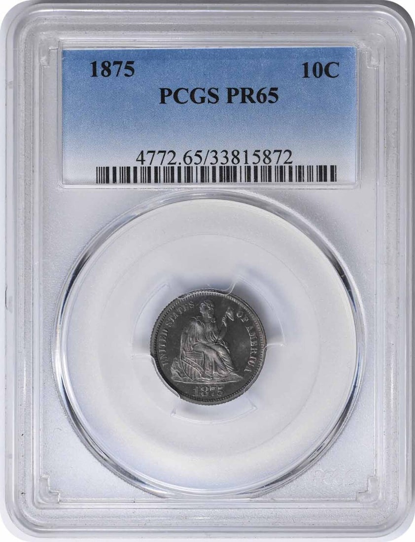 1875 Liberty Seated Silver Dime PR65 PCGS Proof 10C Rare Coin: 1875 Liberty Seated Silver Dime PR65 PCGS Proof 10C Rare Coin This 1875 Liberty Seated Silver Dime exhibits a stunning Proof finish and is graded PR65 by PCGS. Struck at the Philadelphia Mint, this co