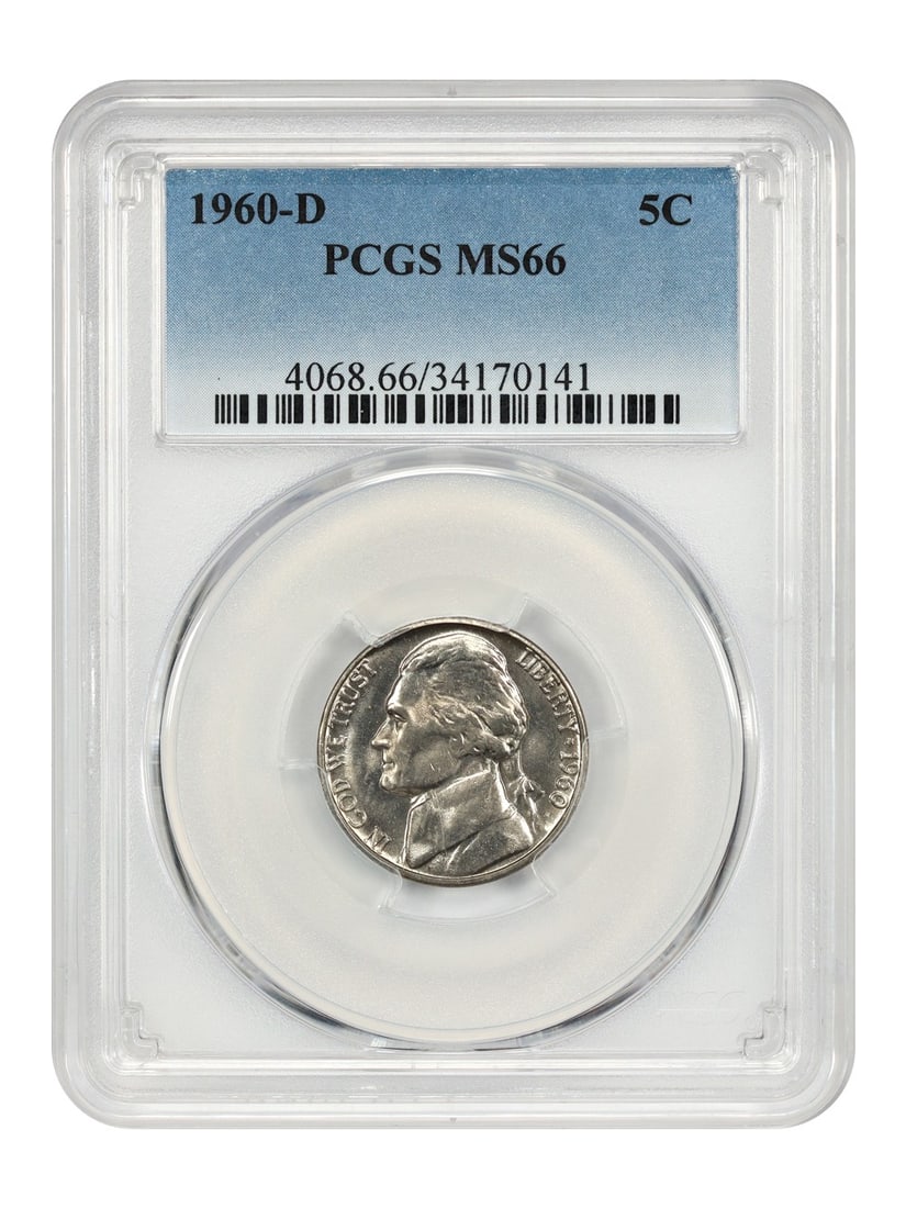PCGS MS66 1960 Denver Five Cent Jefferson Nickel: PCGS MS66 1960 Denver Five Cent Jefferson Nickel This is a 1960-D Jefferson Nickel graded MS66 by PCGS. The coin is uncirculated and was minted in Denver. It is part of the Jefferson Nickel series and
