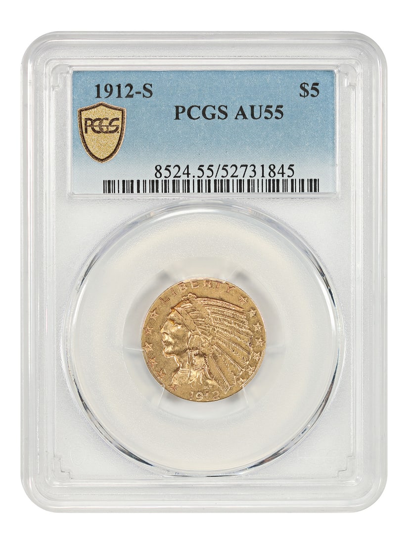 PCGS AU55 1912 San Francisco Indian $5 Gold Half Eagle Coin: PCGS AU55 1912 San Francisco Indian $5 Gold Half Eagle Coin This 1912-S Indian $5 gold half eagle is graded AU55 by PCGS and features the distinctive incuse design by Bela Lyon Pratt. Minted in San Fr