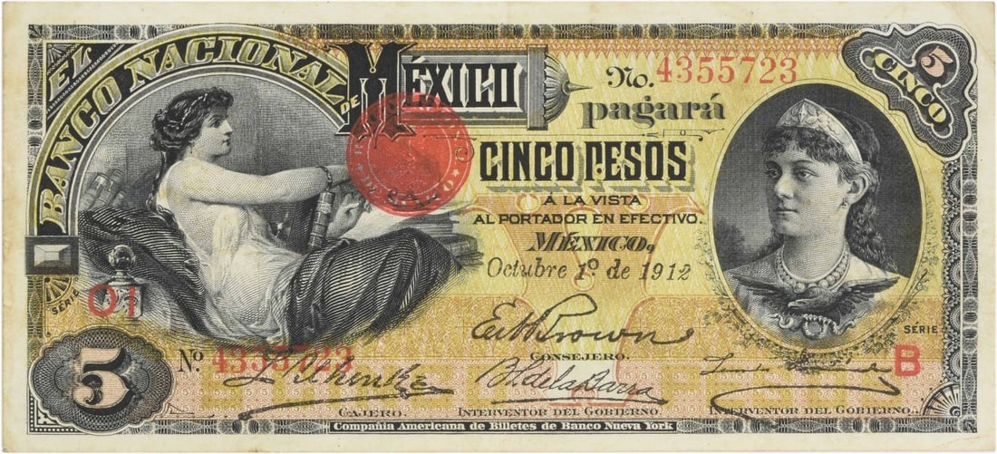 1912 Mexico 5 Pesos Banco Nacional Currency Note KM 257C Uncertified: 1912 Mexico 5 Pesos Banco Nacional Currency Note KM 257C Uncertified This is a 1912 Mexico Banco Nacional 5 Pesos banknote with the catalog reference number 257C. The note is circulated and uncertifie