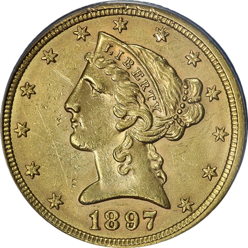 ANACS MS61 1897-P $5 Liberty Gold Coin with Attractive Luster: ANACS MS61 1897-P $5 Liberty Gold Coin with Attractive Luster This 1897-P Liberty Gold $5 coin is certified by ANACS with a grade of MS61. Featuring nice luster, a sharp strike, and attractive color, 