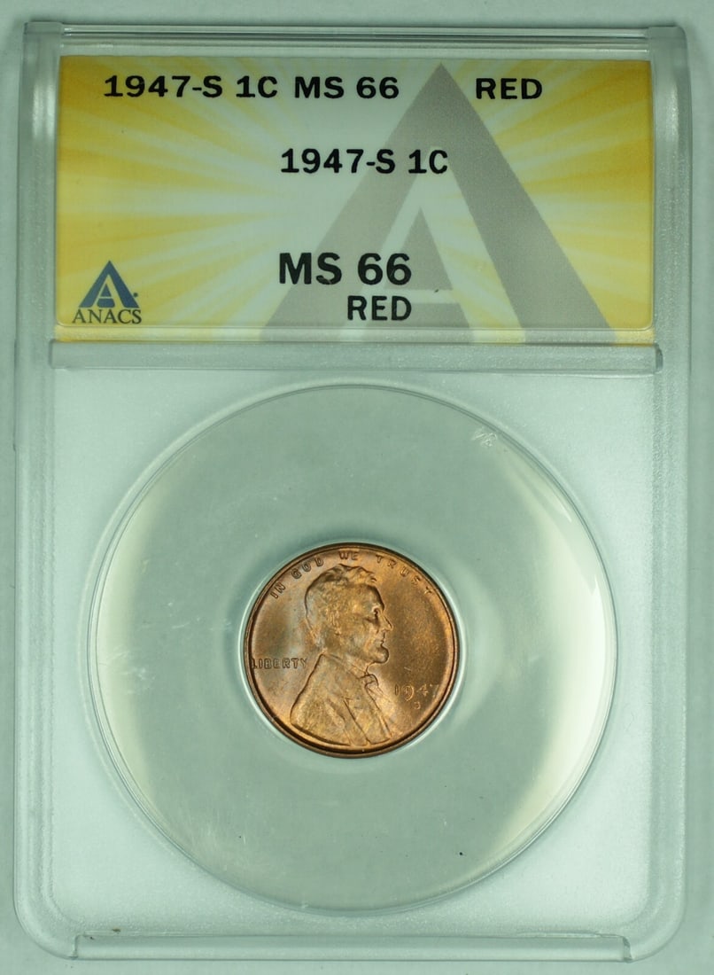 1947-S Lincoln Wheat Cent ANACS MS 66 RD Certified Small Cent Coin (1 of 2)