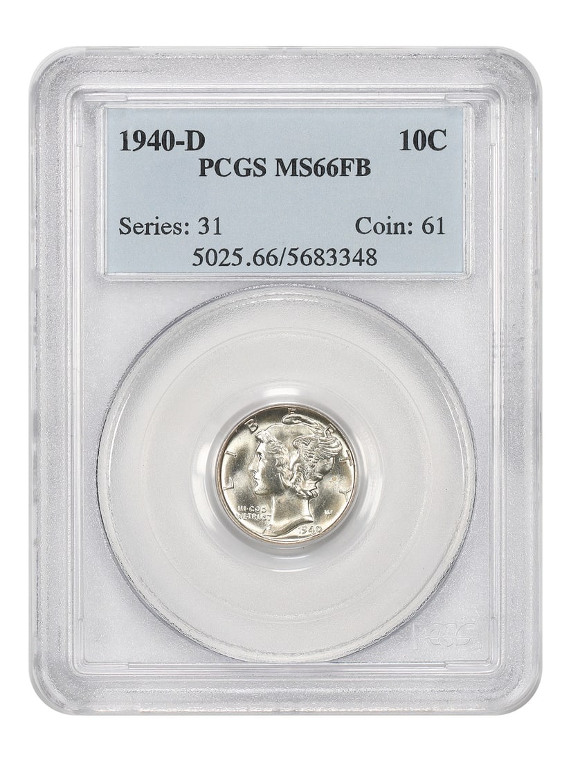 PCGS MS66FB Mercury Dime 1940 Denver Ten Cent Coin: PCGS MS66FB Mercury Dime 1940 Denver Ten Cent Coin This is a 1940-D Mercury Dime graded MS66FB by PCGS. The coin is uncirculated and features a Full Bands designation. Minted in Denver, it is a part o