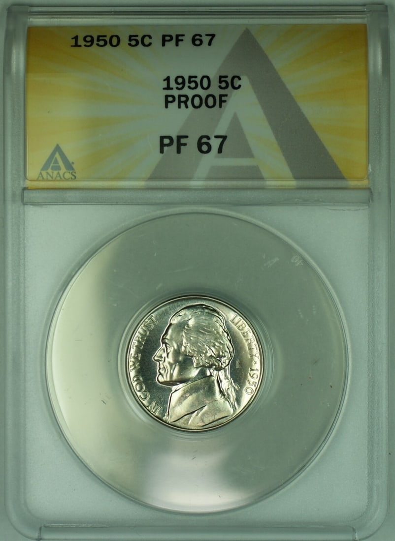 1950 Proof Jefferson Nickel 5C ANACS PR 67 Certified: 1950 Proof Jefferson Nickel 5C ANACS PR 67 Certified This 1950 Jefferson Nickel is a proof strike graded PR 67 by ANACS. It is an uncirculated coin from the United States with a denomination of 5 cent