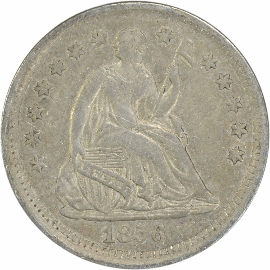 1856 Liberty Seated Half Dime 90% Silver Uncertified: 1856 Liberty Seated Half Dime 90% Silver Uncertified This 1856 Liberty Seated Silver Half Dime showcases a design by renowned engraver Christian Gobrecht. Struck in Philadelphia, this coin has a compo