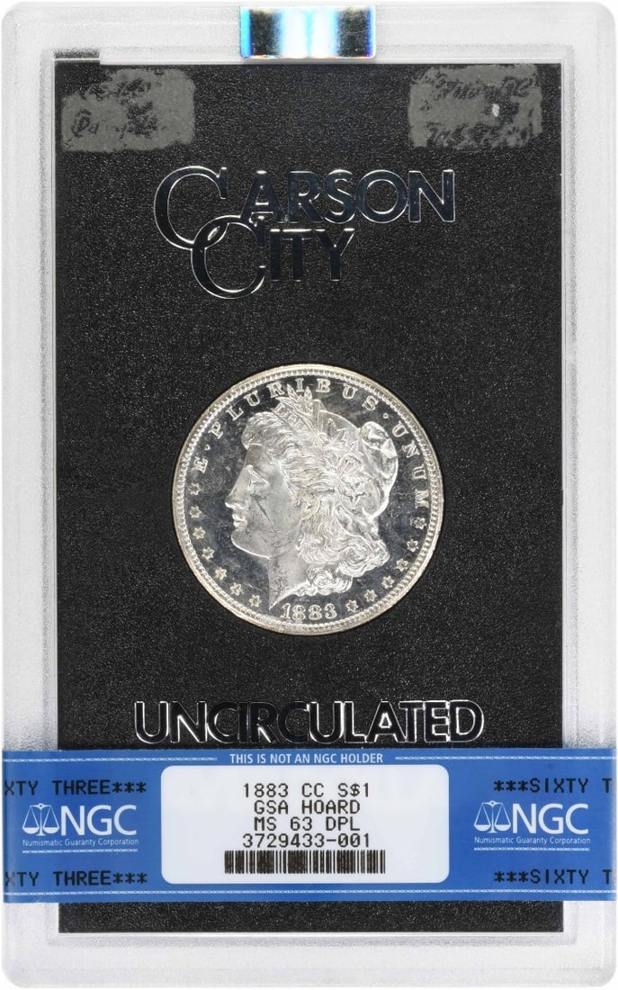 NGC MS63DPL GSA Holder 1883 Carson City Morgan Silver Dollar: NGC MS63DPL GSA Holder 1883 Carson City Morgan Silver Dollar This is an 1883-CC Morgan Silver Dollar graded MS63DPL by NGC, presented in a GSA holder. Struck at the Carson City Mint, this uncirculated