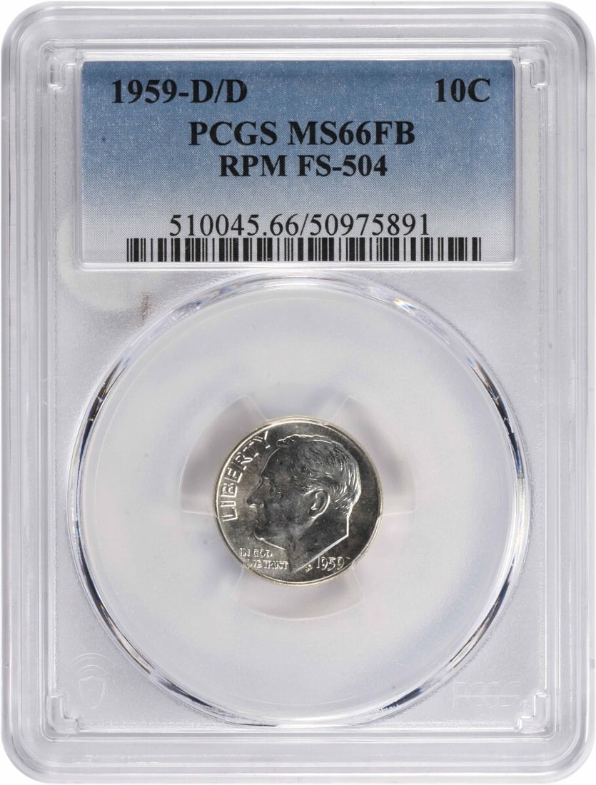 1959-D/D Roosevelt Dime MS66FB Certified PCGS 90% Silver: 1959-D/D Roosevelt Dime MS66FB Certified PCGS 90% Silver This 1959-D/D Roosevelt Dime, graded MS66FB by PCGS, is a remarkable addition for any collector. Struck in Denver, this coin features 90% silve