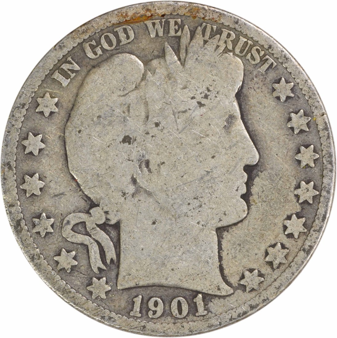 1901-S Barber Half Dollar 50C G Uncertified 90% Silver: 1901-S Barber Half Dollar 50C G Uncertified 90% Silver This 1901-S Barber Silver Half Dollar is a classic piece of American numismatic history. Struck at the San Francisco mint, this coin features the