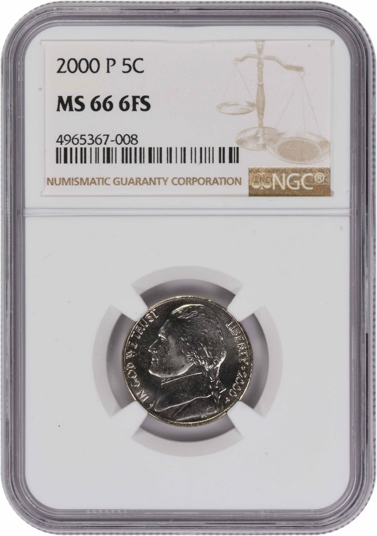 MS66 6 Full Steps 2000 Philadelphia Jefferson Nickel NGC Certified: MS66 6 Full Steps 2000 Philadelphia Jefferson Nickel NGC Certified This 2000-P Jefferson Nickel is graded MS66 6FS by NGC. Featuring the design by Felix Schlag, this uncirculated coin was minted in Ph