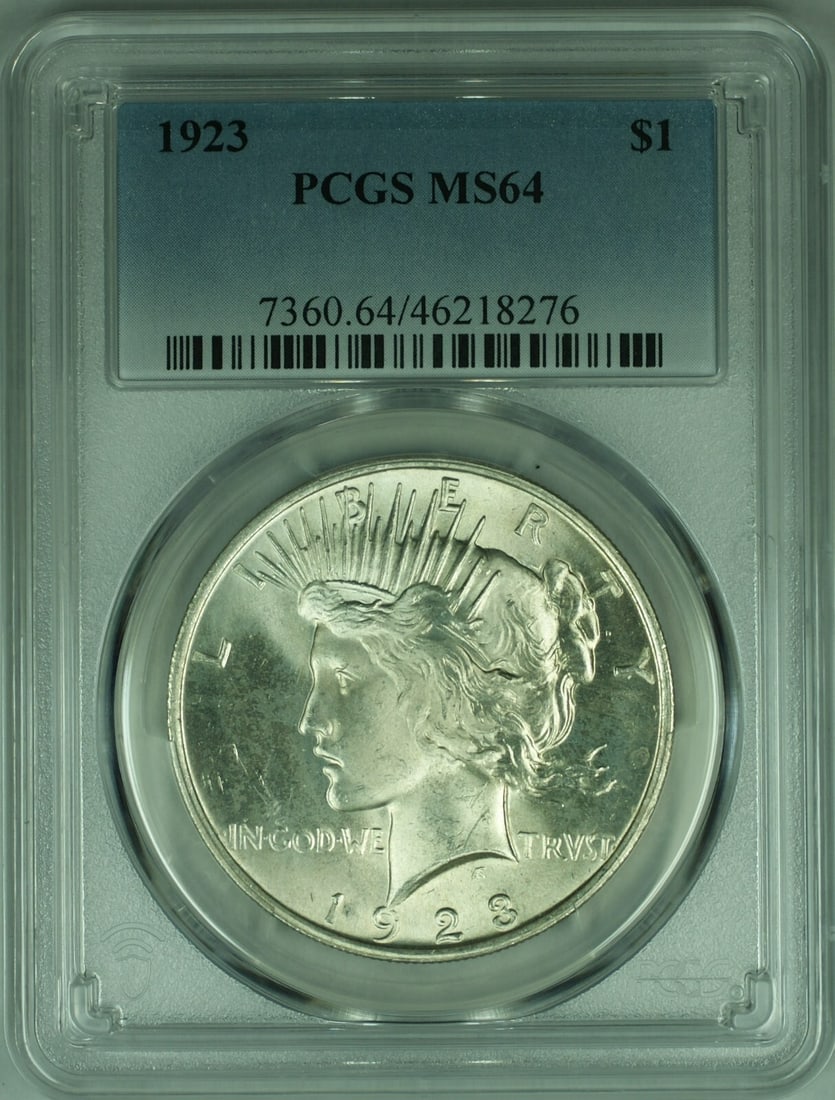 PCGS MS64 1923 Peace Dollar Philadelphia Mint Silver $1 Coin: PCGS MS64 1923 Peace Dollar Philadelphia Mint Silver $1 Coin This is a 1923 Peace Silver Dollar coin from the United States, graded MS-64 by PCGS. The coin is composed of 90% silver and is uncirculate
