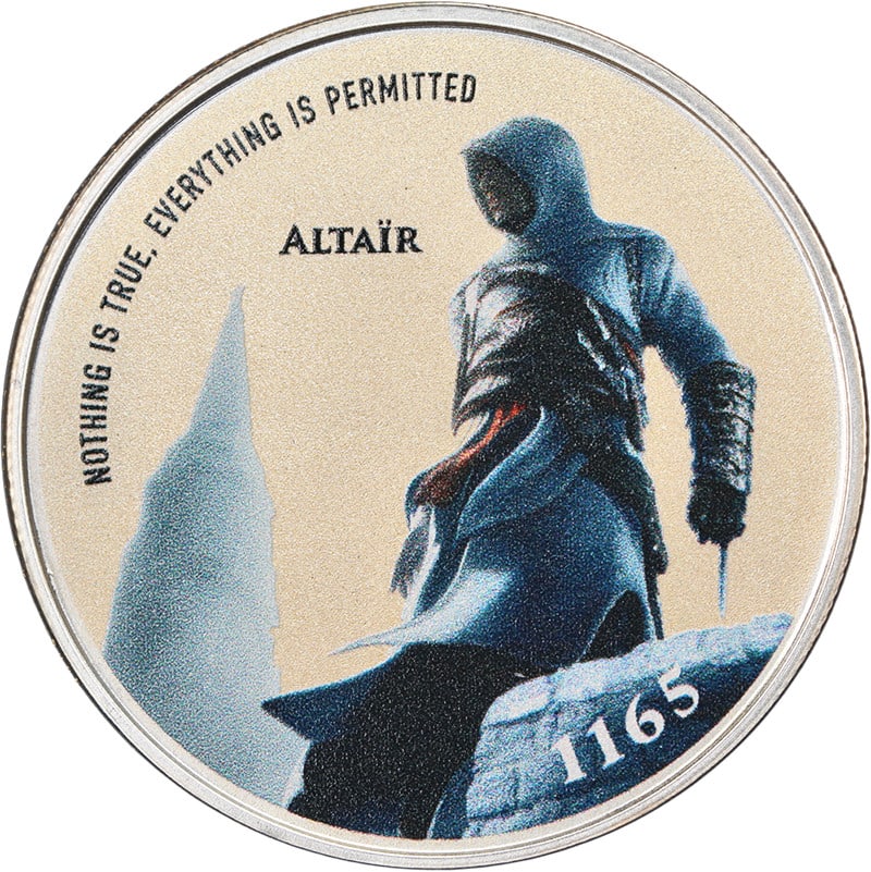 Altair Colorized 1 oz Silver Round with Gift Tin and COA Assassin's Creed: Altair Colorized 1 oz Silver Round with Gift Tin and COA Assassin's Creed This Assassin's Creed 1 Ounce Colorized ALTAIR round is crafted from 99.9% fine silver. Featuring a vibrant colorized design, 