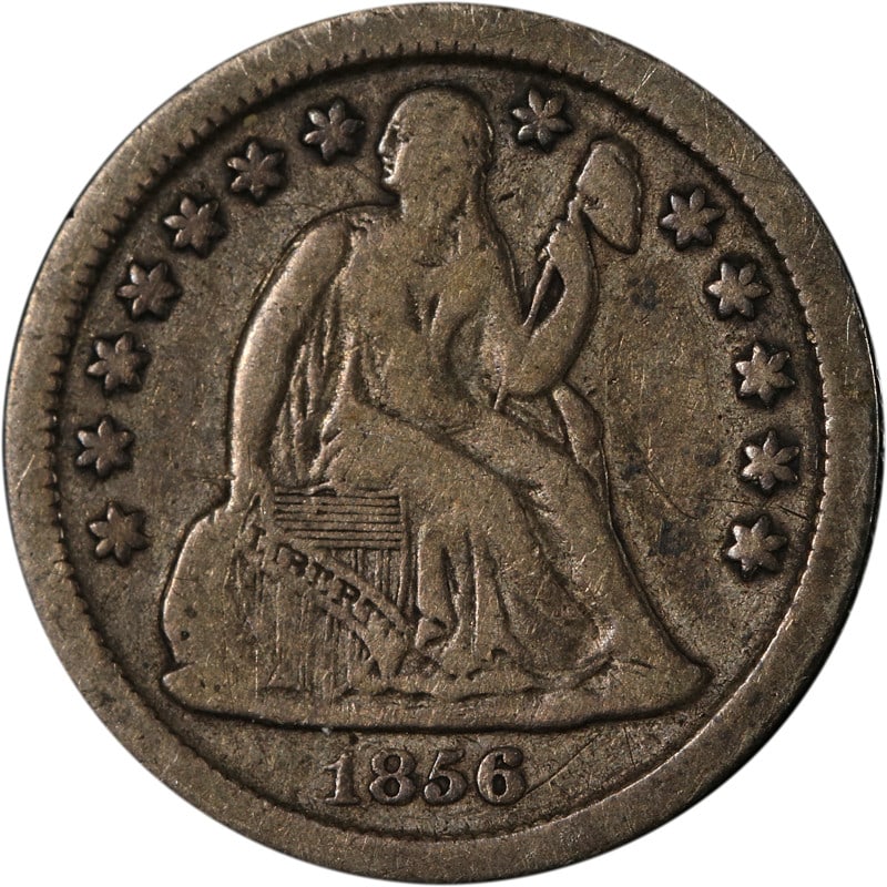 1856 Silver Dime from New Orleans Seated Liberty Type: 1856 Silver Dime from New Orleans Seated Liberty Type This is an 1856-O Seated Liberty Dime, minted in New Orleans. The coin is composed of silver and is in circulated, pre-owned condition. It is unce