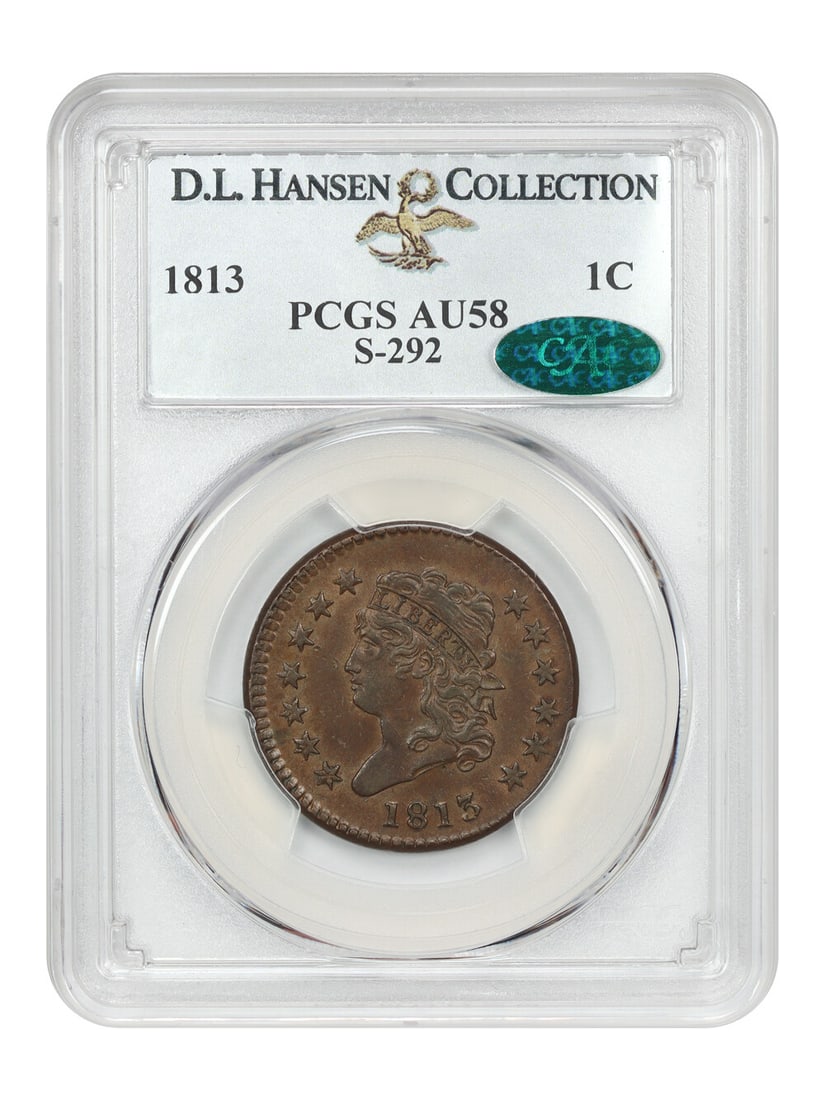 1813 Classic Head Cent 1C PCGS AU58 CAC S-292 D.L. Hansen: 1813 Classic Head Cent 1C PCGS AU58 CAC S-292 D.L. Hansen Presenting a stunning 1813 Classic Head Cent, certified by PCGS and bearing the CAC approval, graded AU58. This coin is notable for its well-s