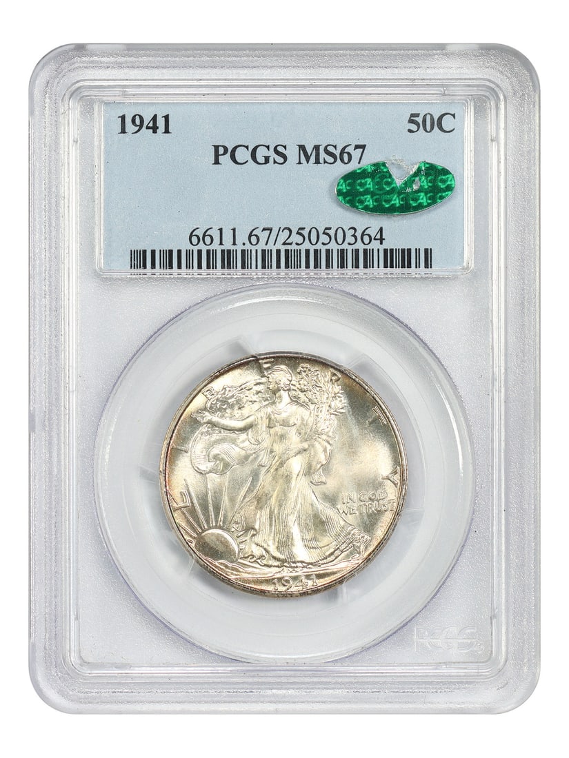 1941 Walking Liberty Half Dollar MS67 PCGS CAC Certified: 1941 Walking Liberty Half Dollar MS67 PCGS CAC Certified This 1941 Walking Liberty Half Dollar is certified by PCGS with a grade of MS67 and features the CAC designation. Struck at the Philadelphia Mi