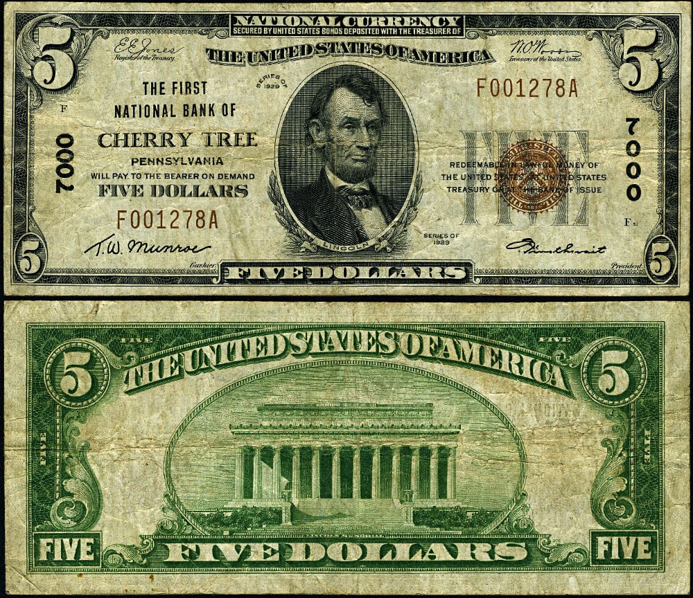 1929 T-1 $5 National Bank Note Cherry Tree PA Uncertified: 1929 T-1 $5 National Bank Note Cherry Tree PA Uncertified This 1929 T-1 National Bank Note from Cherry Tree, Pennsylvania, is a fine example of historical currency. Graded Fine+, this $5 bill exhibits