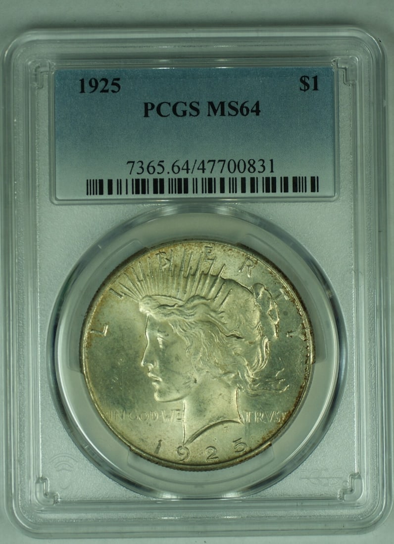 PCGS MS 64 1925 Peace Dollar Silver Coin with Attractive Toning: PCGS MS 64 1925 Peace Dollar Silver Coin with Attractive Toning This 1925 Peace Silver Dollar is an uncirculated coin certified by PCGS with a grade of MS 64. Composed of silver, it features attractiv