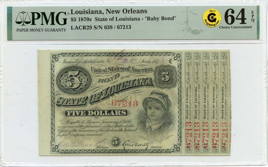 1878 $5 New Orleans Baby Bond PMG CU64 EPQ Rare Obsolete Note: 1878 $5 New Orleans Baby Bond PMG CU64 EPQ Rare Obsolete Note This 1870s $5 Louisiana New Orleans Baby Bond is a rare obsolete note that has been graded PMG CH64 EPQ, indicating its high quality and e