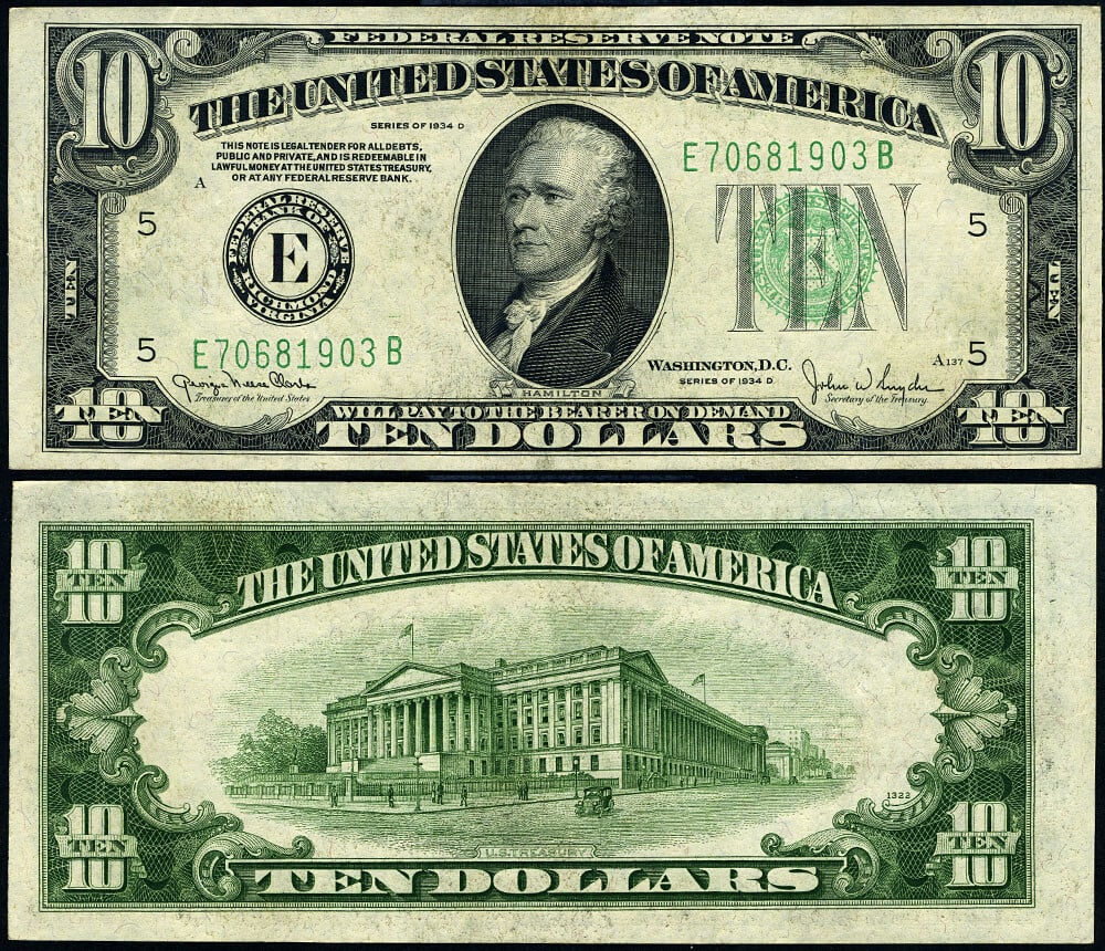 1934-D Richmond $10 Federal Reserve Note E-B Block Choice CU: 1934-D Richmond $10 Federal Reserve Note E-B Block Choice CU This is a 1934-D $10 Federal Reserve Note from the Richmond district, E-B Block. The note is in un-used condition with original paper quali