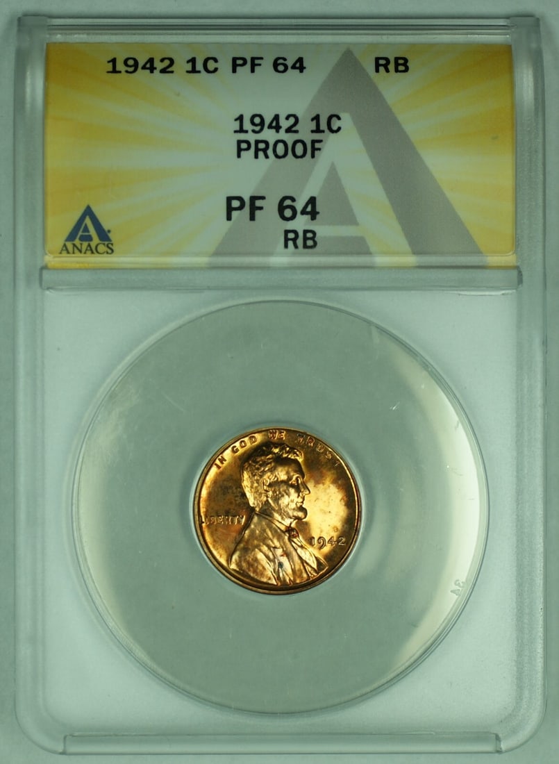 ANACS PR 64 RB 1942 Proof Lincoln Wheat Cent One Cent Coin: ANACS PR 64 RB 1942 Proof Lincoln Wheat Cent One Cent Coin This is a 1942 Proof Lincoln Wheat Cent with a denomination of 1 cent, graded PR 64 RB by ANACS. The coin is uncirculated and features the di
