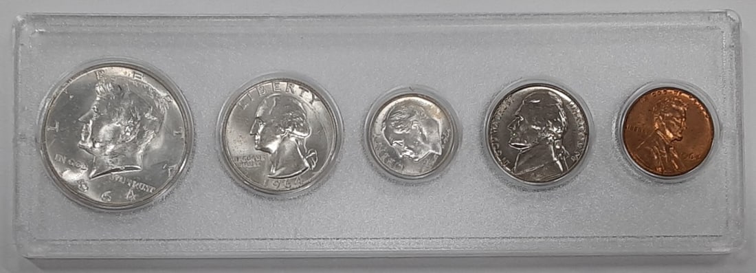 Uncirculated 1964-D Five Coin Set With 90 Percent Silver Half Quarter Dime: Uncirculated 1964-D Five Coin Set With 90 Percent Silver Half Quarter Dime This 1964-D uncirculated year set includes five coins from the Denver Mint, featuring a cent, nickel, and 90% silver half dol