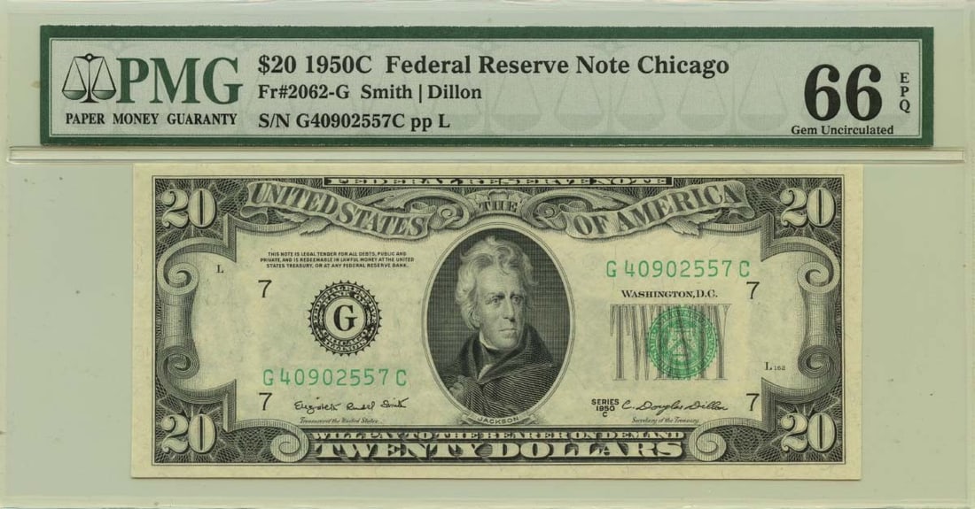 1950 $20 Federal Reserve Note Chicago Fr# 2062-G PMG MS66: 1950 $20 Federal Reserve Note Chicago Fr# 2062-G PMG MS66 This 1950 $20 Federal Reserve Note from the Chicago district (Fr# 2062-G) is certified by PMG as a Gem66 EPQ, indicating its exceptional quali